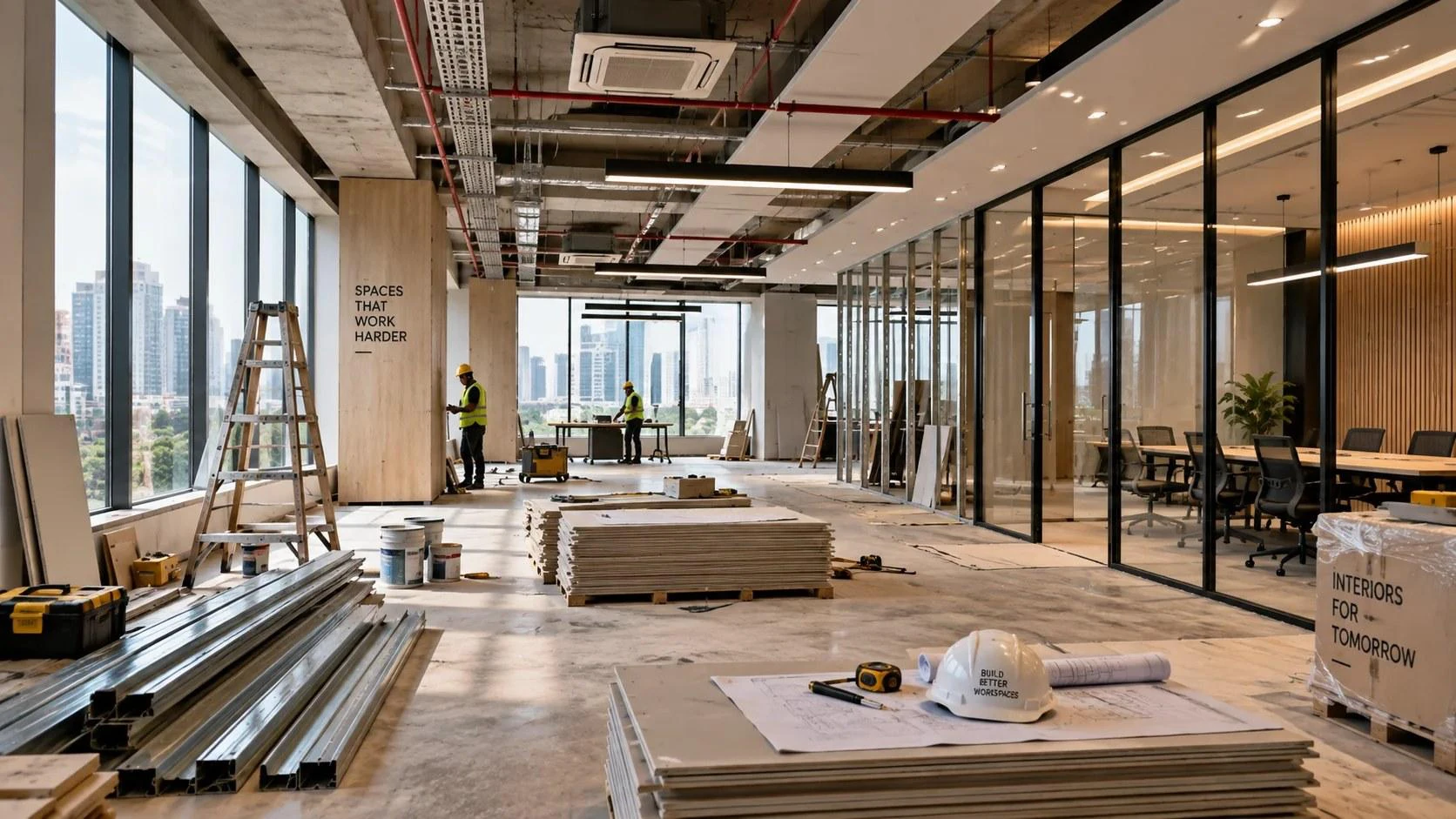 Office interior fit-out under construction with materials and services visible